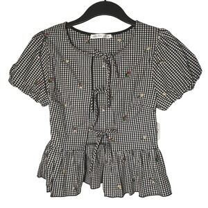 NWT Altar'd State Floral Embroidered Tie Front Peplum Top Black White Size Med